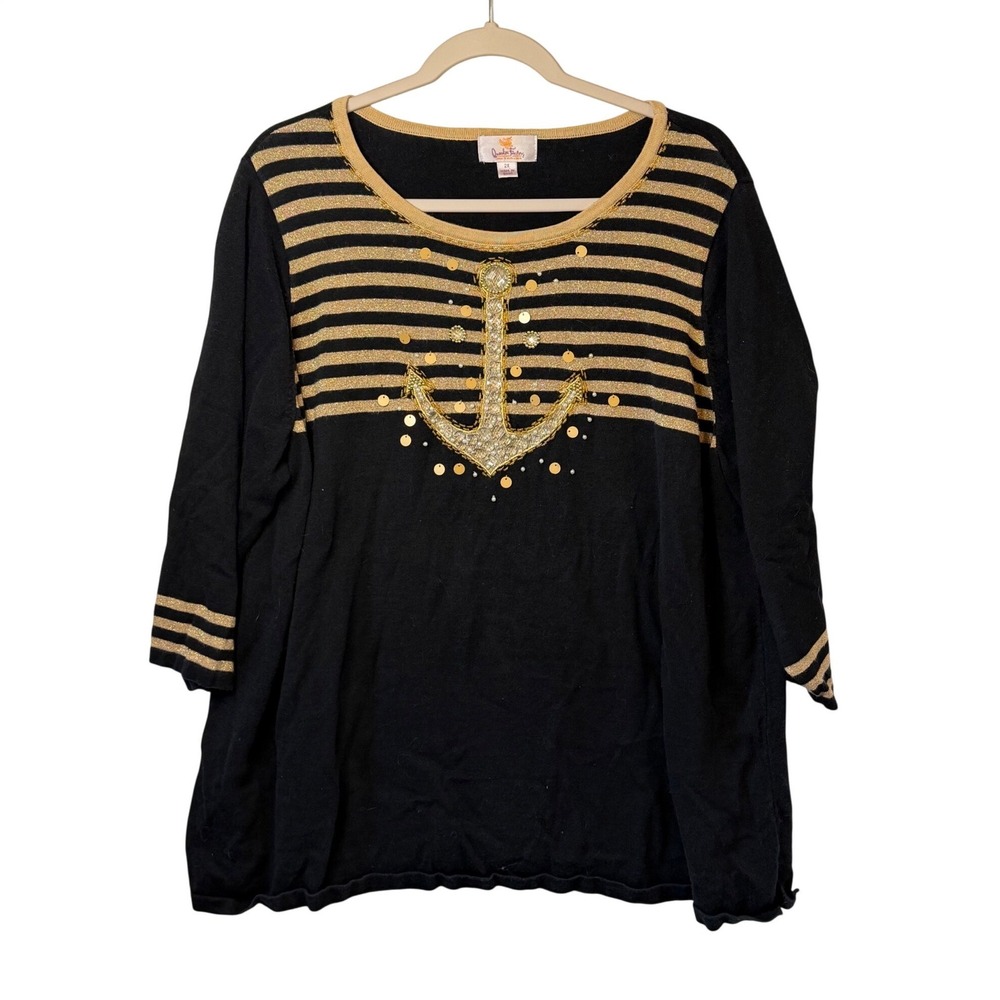 VTG Quacker Factory Womens 2X Anchor‎ Sequin Stripes Black Gold Blouse Top 3/4